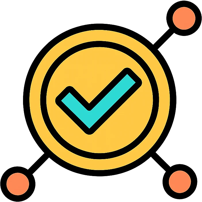 professional simple logo for a loan protocol, coin with checkmark and subtle network nodes, representing approval blockchain technology emoji