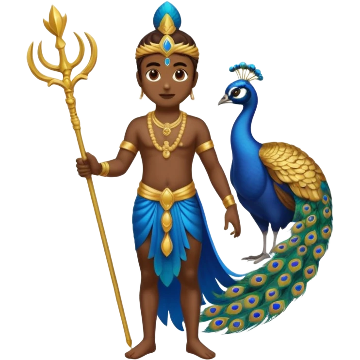 Lord Murugan standing with a blue peacock and holding a golden vel staff, simple bold emoji style, clear and recognizable for keypad sticker emoji