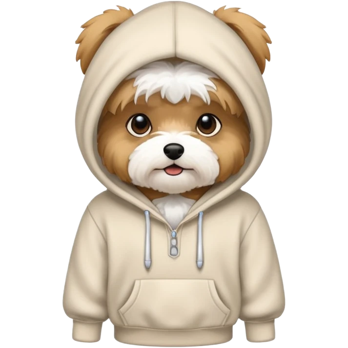 A bichon Yorkie wearing a hoodie emoji