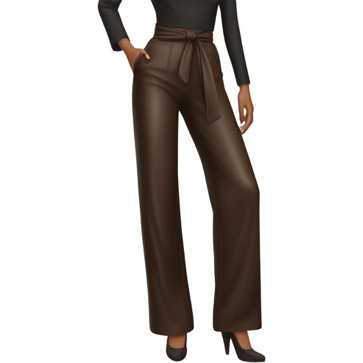 Dark brown High waisted leather wide leg pants with tie front emoji