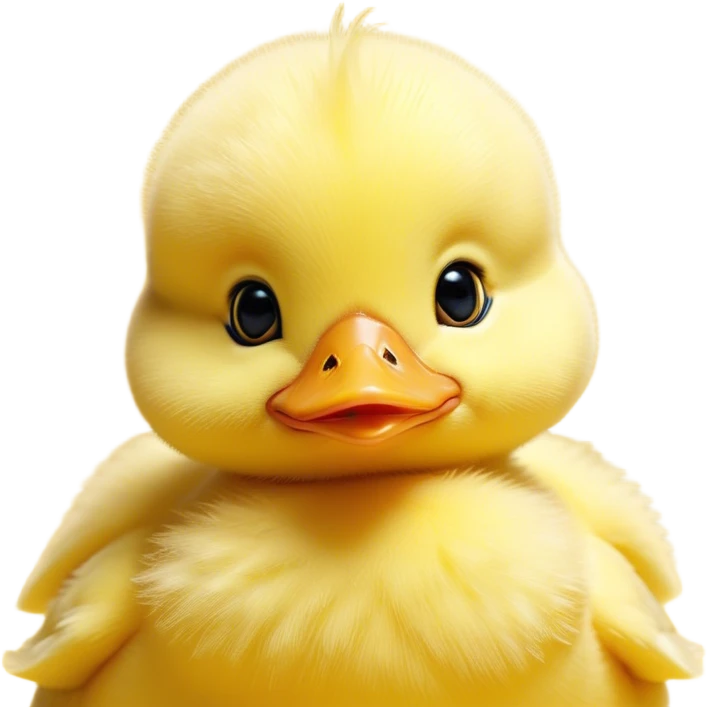 Cinematic Cute Yellow Baby Duck Portrait Emoji, Head tilted playfully and inquisitively, featuring a fluffy, vibrant yellow downy coat with a tiny delicate beak, round, sparkling eyes filled with curiosity, Simplified yet irresistibly adorable features, highly detailed, glowing with a warm, friendly glow, high shine, affectionate and spirited, stylized with a touch of playful whimsy, bright and endearing, soft glowing outline, capturing the essence of a mischievous yet loving duckling, so playful it feels like it could peep out of the screen and into your arms! emoji
