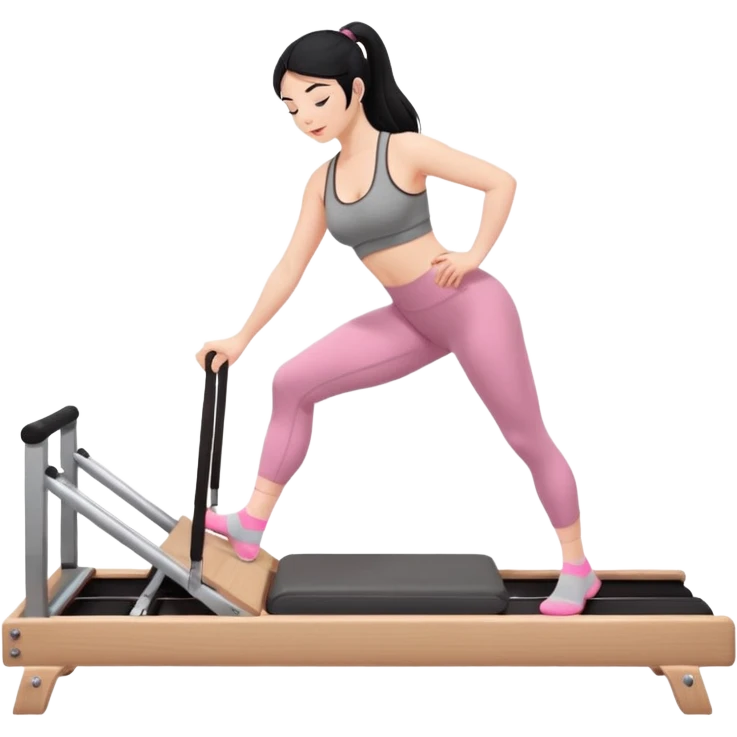 Create a Pilates emoji: a girl with fair skin and black hair, wearing a grey bra and grey leggings with pink pilates socks, on all fours on a wooden reformer. Make it look at the reformer. Make the colors neutrals. emoji