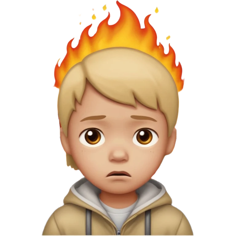 small child with sad expression and street on fire in the background, apple style emoji emoji