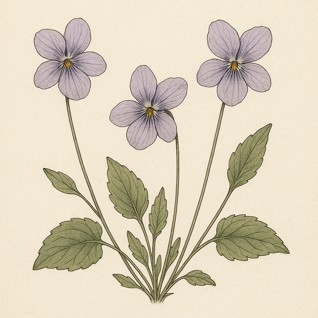 three violets, simple and elegant, botanical illustration style emoji