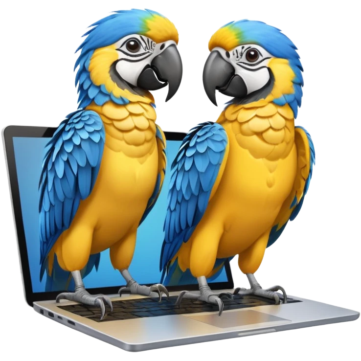 Two yellow and blue macaws using a laptop emoji
