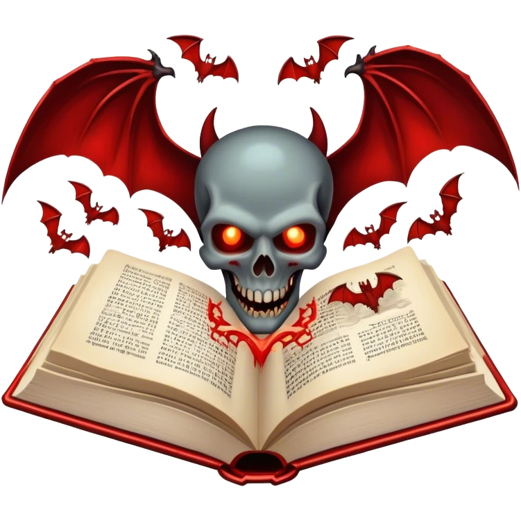 Icon for Horror & Mystery Reading: an open book with eerie glowing symbols, from which rise vampire Dracula with fangs, flying bats, a zombie hands, skulls. Surrounding elements. Transparent background. emoji