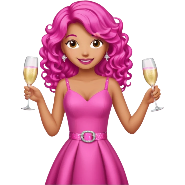 One lady with long hot pink curled hair and tan skin wearing a pink dress with sparkly belt holding a glass of pink champagne in each hand smiling cheerfully  emoji