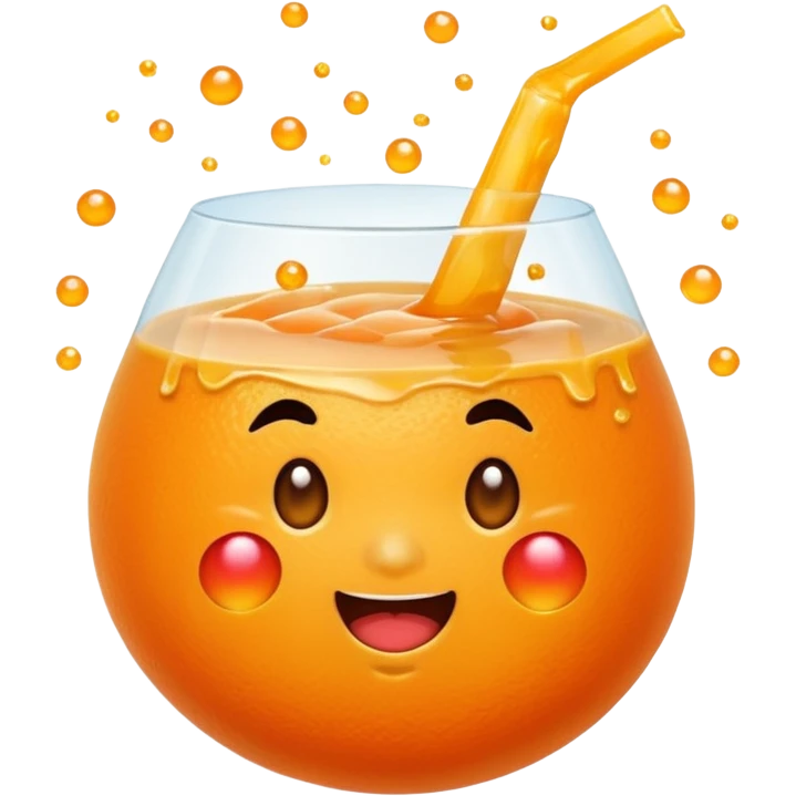 Cute mandarin emoji exploding with juice, chubby shape, sparkles, playful expression, kawaii style, transparent background. emoji
