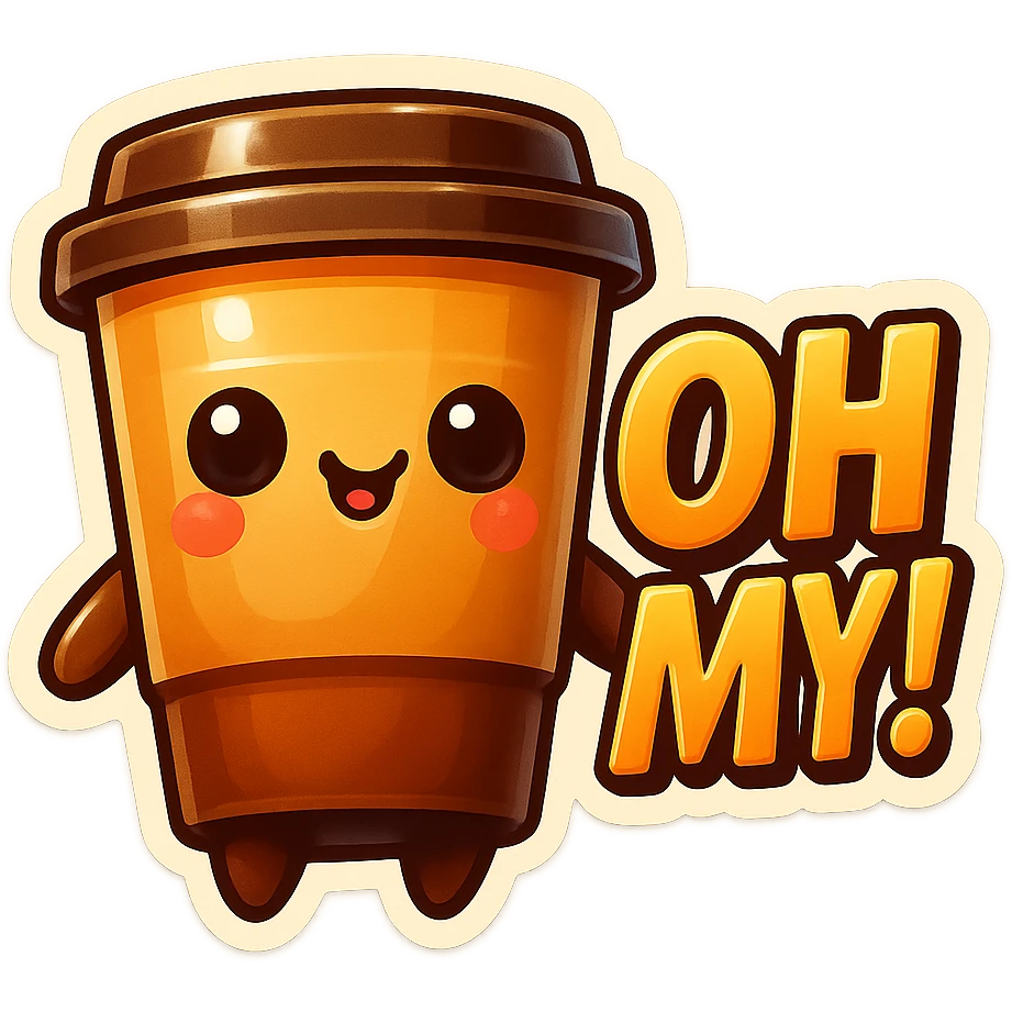Tall coffee cup, mischievous smirk, looking sideways, big "Oh My!" emoji