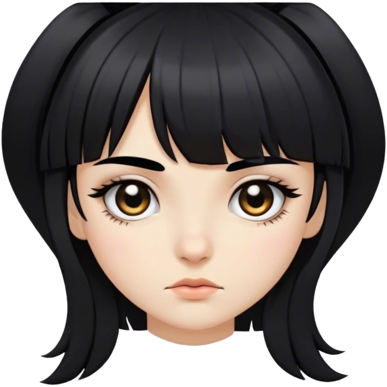 Chica blanca, cabello largo con cerquillo corto por arriba de las cejas color negro, y tres tajos en la ceja  emoji