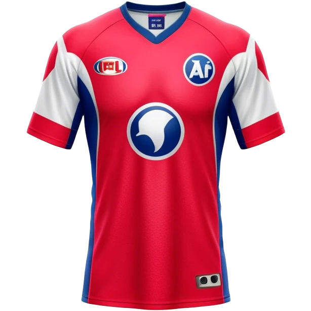 Cinematic Realistic image of an AFL jersey rendered in vibrant team colors with detailed fabric textures and dynamic creases, illuminated by bold, stadium lighting that accentuates its sporty character emoji