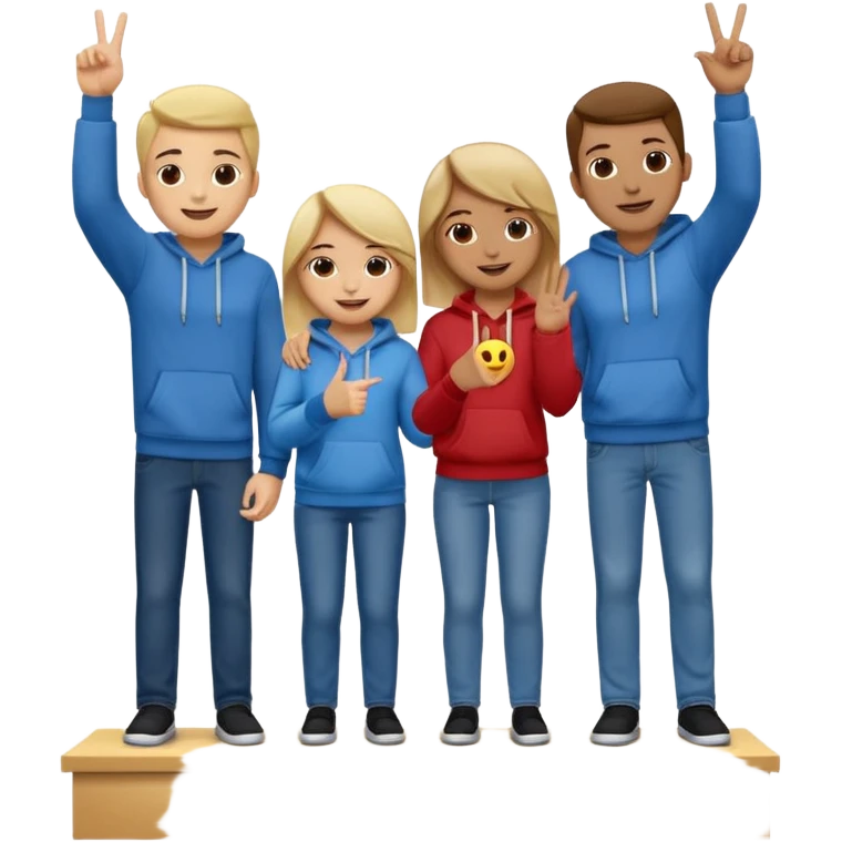 three people standing on a winners’ podium with no numbers, each on their own step, dressed casually in fun relaxed clothes like jeans t-shirts hoodies, center person holding up one finger on each hand showing they’re number one, cheerful expressive emoji style emoji