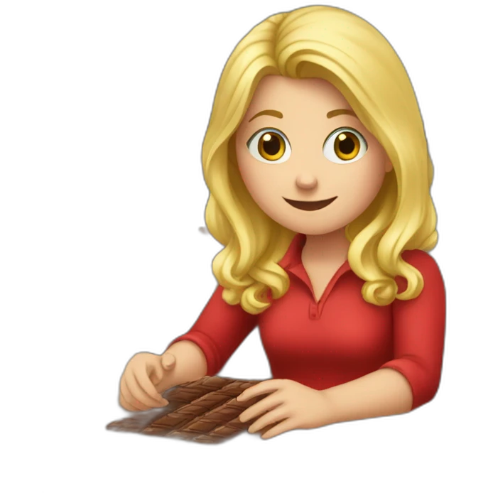 Girl, blonde hair, wearing red shirt, sitting at a wood desk, wrapping chocolate candies emoji