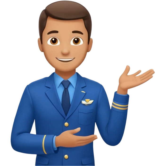 A calm male flight attendant demonstrating instructions with confident emoji