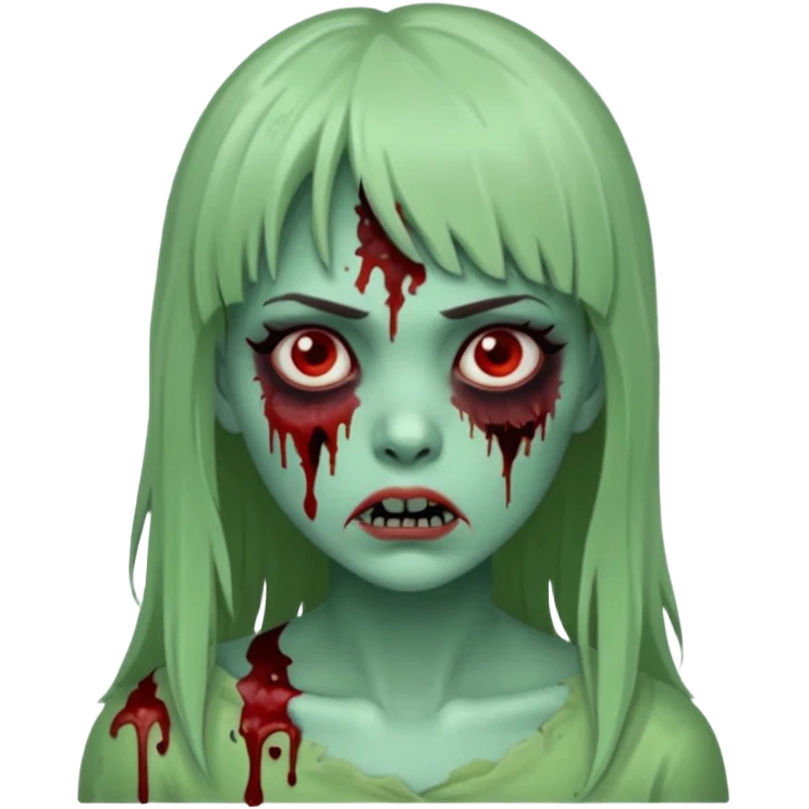 Mulher cabelo de franjinha pele verde zumbi sangrando bonito emoji
