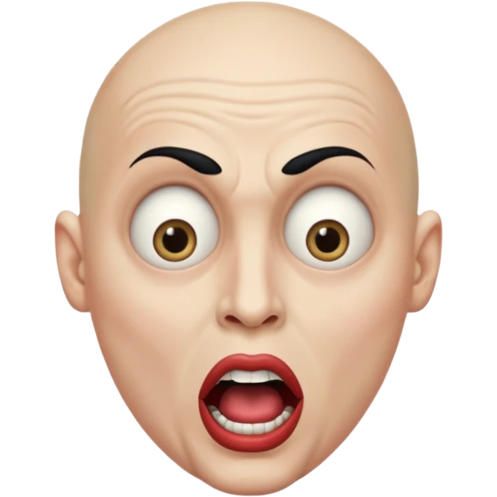 a bald cabaret actor with a white, dry, long, made-up face and heavily made-up eyes and mouth, a huge, wide-open mouth and a startled look emoji