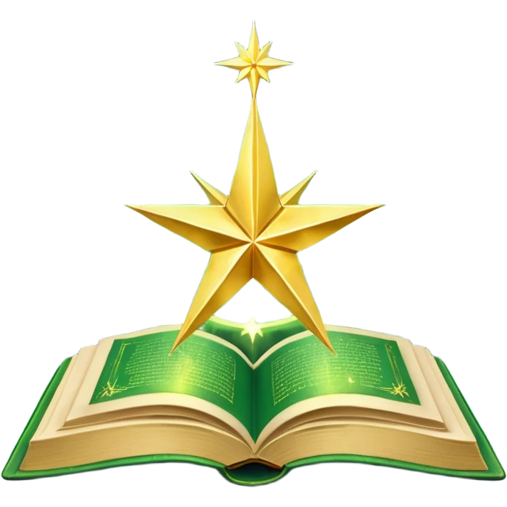 A **green, opened glowing book** with **golden edges**, floating with **sparkles and magical wisps** around it. The cover features a **golden starburst sigil**, symbolizing charm and radiance. ✨📖 emoji