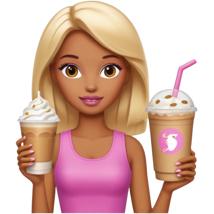 brown skin blonde barbie with iced latte emoji