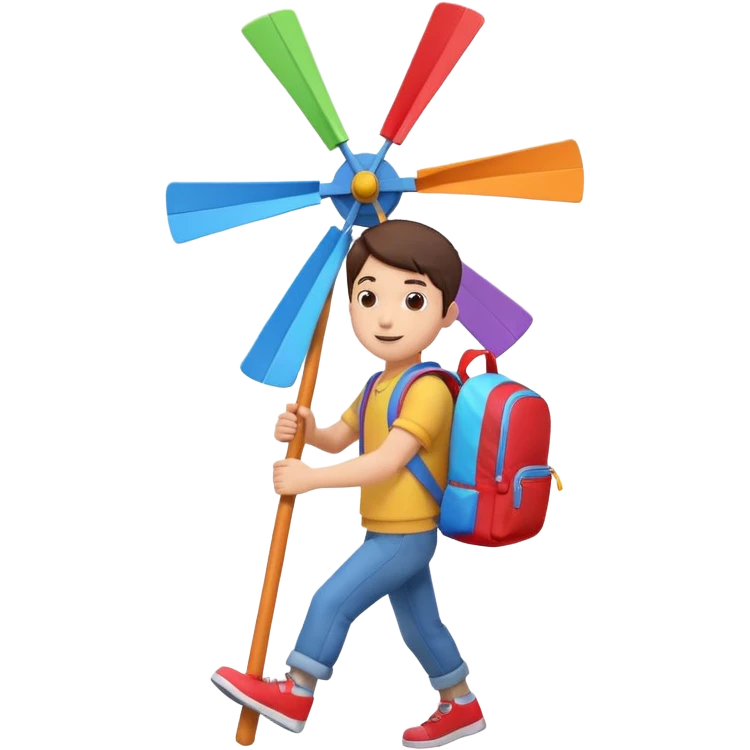 cute boy carrying a toy windmill backpack, colorful windmill spinning on the back, happy expression, casual outfit, 3D cartoon, mobile game icon style, clean background, no text, no watermark
 emoji