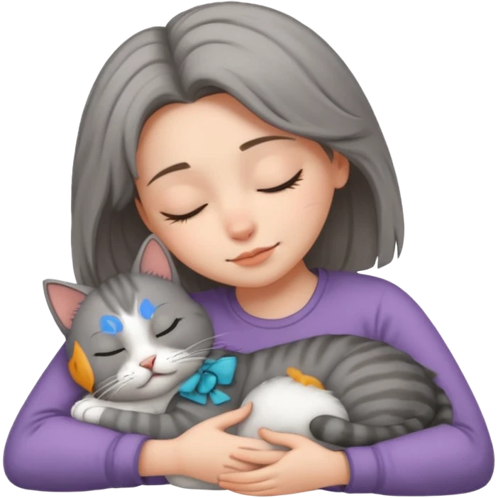 Gray cat sleeping with girl emoji