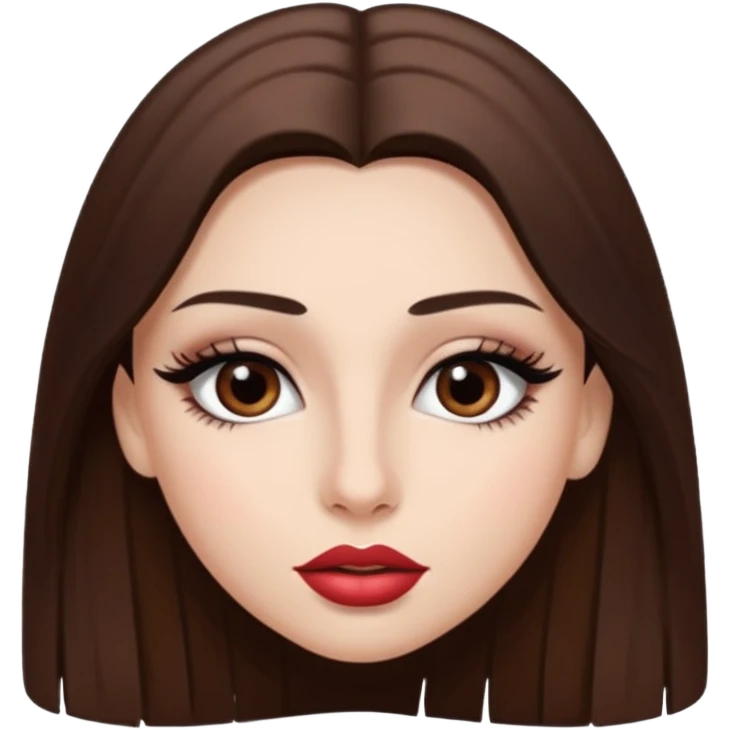 Una chica con piel muy clarita con pleo liso largo de color castaño y unos ojos marrones oscuro y labios grandes y nariz bonita y con unas pestsñas y maquillada emoji
