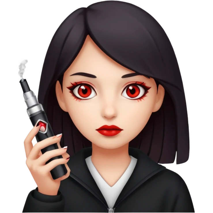A girl holding a vape with red eyes  emoji
