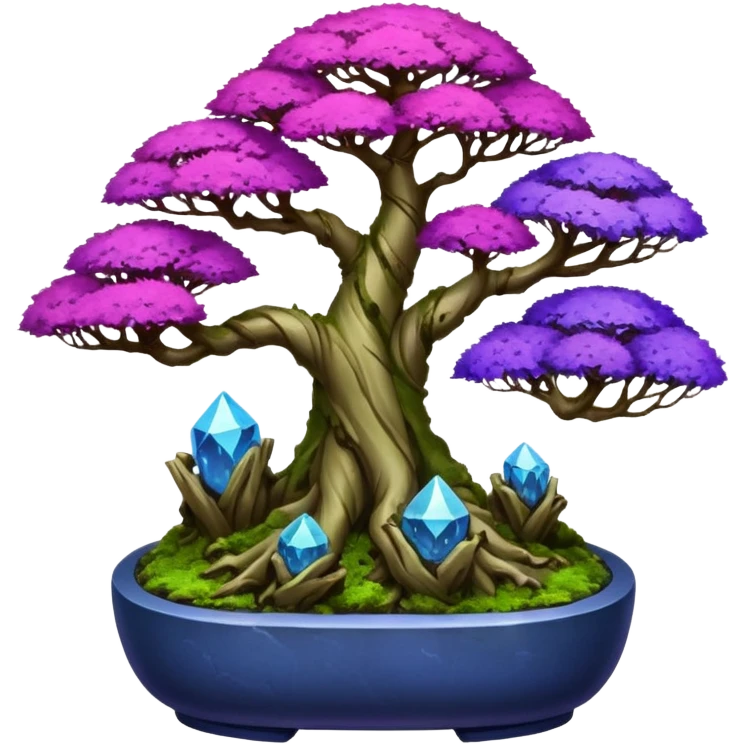 Futuristic wild glowing et alien moss maples Bonsai hair-fine-leaf group crimson crystal boxwood purple and cream pink blue informal rocky cliffhanger eight tree forest planting in shallow slab style pot  emoji