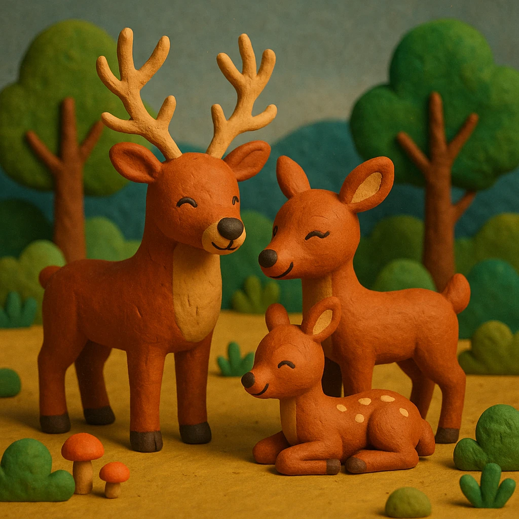deer family in a woodland clearing, vibrant colors, cheerful and cozy, claymation style emoji
