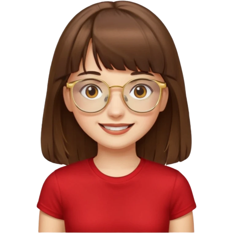 chica con piel blanca sonriendo, ojos marrones y pelo marrón muy largo con flequillo y lentes dorados con remera roja. emoji