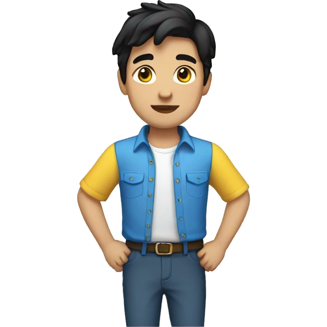 emoji of a boy with full black hair, white, brown eyes wearing a blue shirt with yellow sleeves emoji