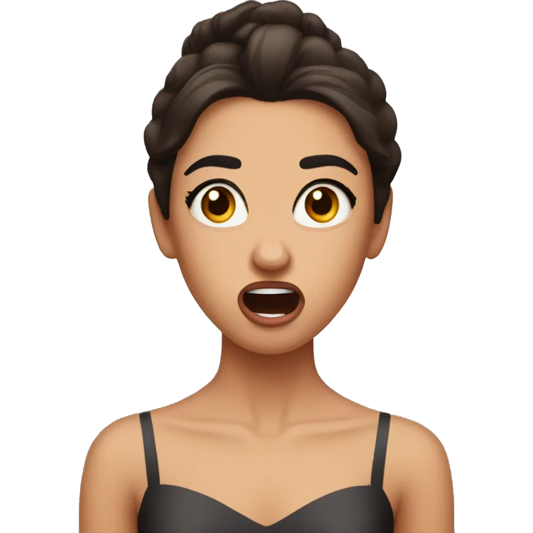 ballerina with dark brown hair with a very shocking stressed facial expression, with her mouth open and strong emotional brows emoji