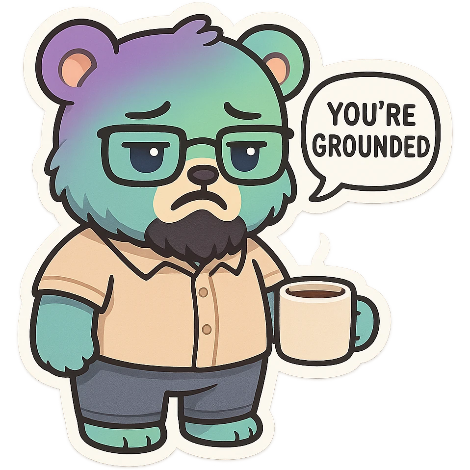 A realism art illustration art style of a plus-sizes teddy bear  with purple to green ombre streak, black beard, blue eyes, glasses, dressed like a dad, holding a coffee mug, You’re grounded speech bubble, frowning  emoji