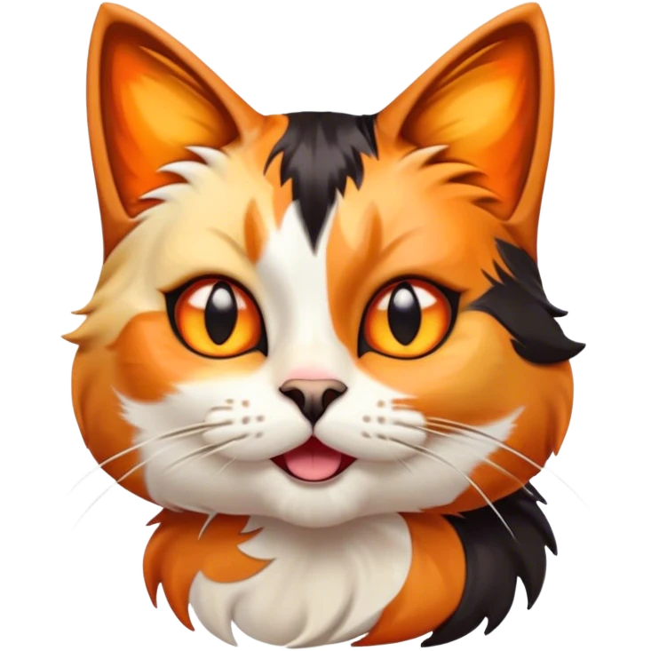 Cinematic Comical Calico Cat Portrait Emoji, Head tilted dramatically with an exaggeratedly surprised expression, showcasing a vibrant patchwork fur of orange, black, and white with wide, comically expressive eyes, simplified yet hilariously detailed, glowing with a sassy, golden radiance, high shine, exuding playful mischief and cheeky feline attitude, styled with a soft glowing outline, capturing the essence of a calico cat that looks ready to leap off the screen with mischievous flair! emoji