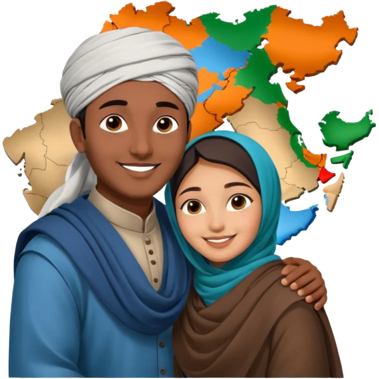 An emotional artistic illustration of an Indian man and an Afghan hijabi girl standing on the maps of India and Afghanistan, symbolically embracing despite the distance, showing love beyond borders. emoji