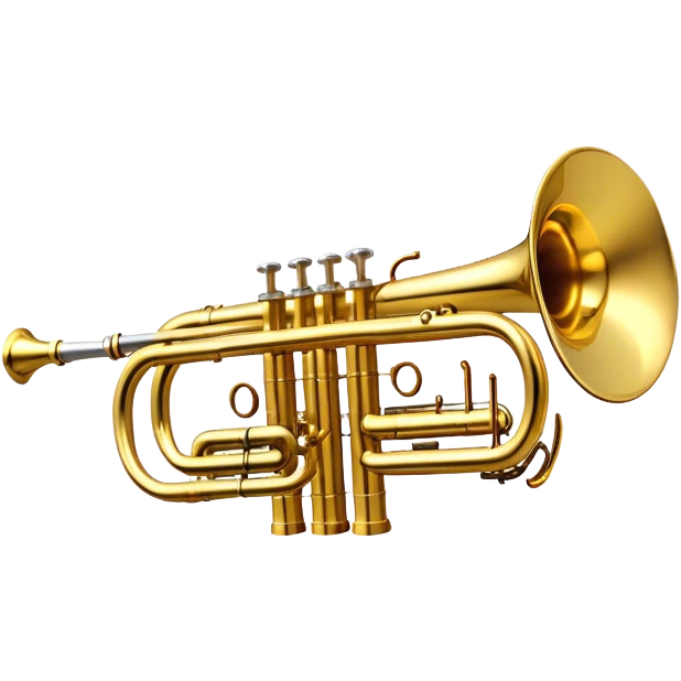 Create a professional and polished emoji representing the Brahner trumpet. The design should showcase the shiny brass body of the trumpet, with its distinct valves and bell. Highlight the smooth curves of the tubing and the elegant flared bell at the end. The valves should be visible with their metal buttons, and the mouthpiece should be positioned at the top of the instrument. Use bright gold and brass tones with reflective light effects to emphasize the trumpet’s polished, high-quality finish. Add subtle musical notes around the trumpet to evoke its bright, bold sound. The background should be transparent. emoji