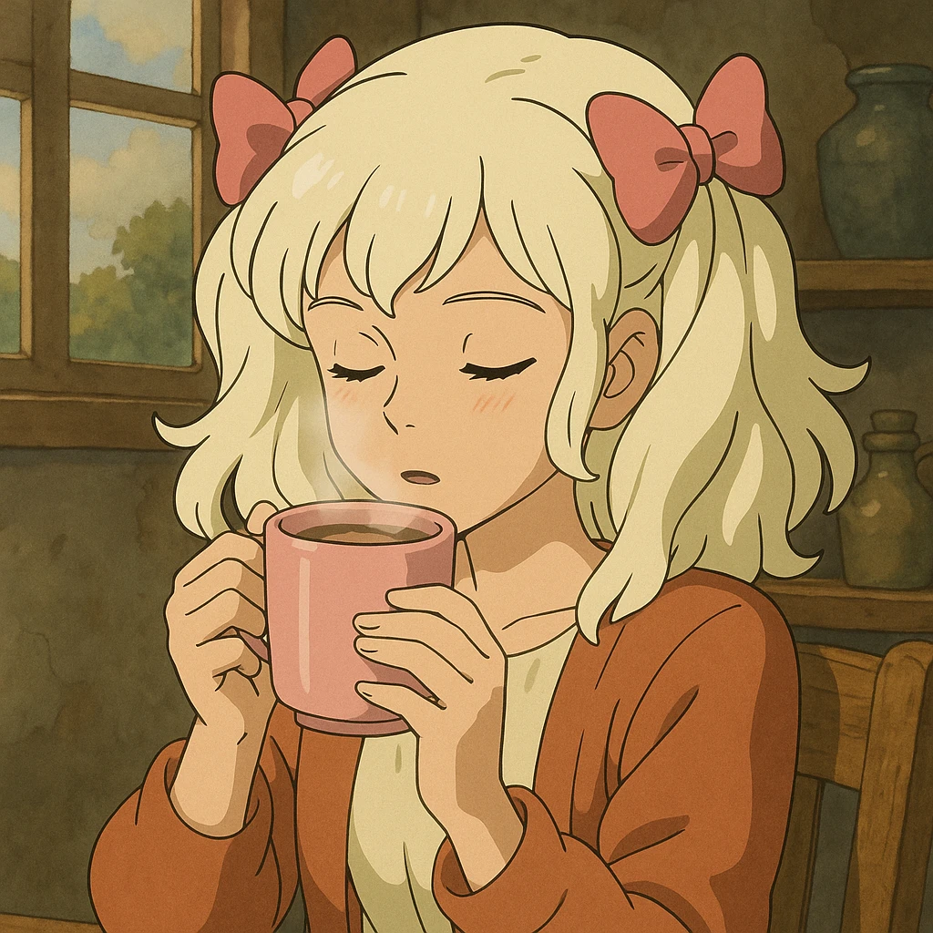 platinum blonde woman with pink bows in hair drinking hot chocolate from a pink mug, ghibli style emoji