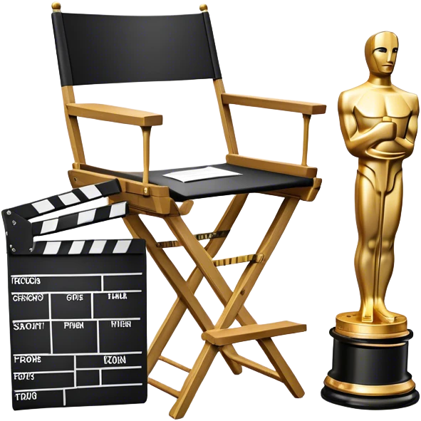 Icon for Directing: a director's chair, a film slate, a megaphone, a stack of script papers and an Oscar statuette. The icon should represent the creative and leadership aspects of directing, with focus on film and theater production. Transparent background. emoji