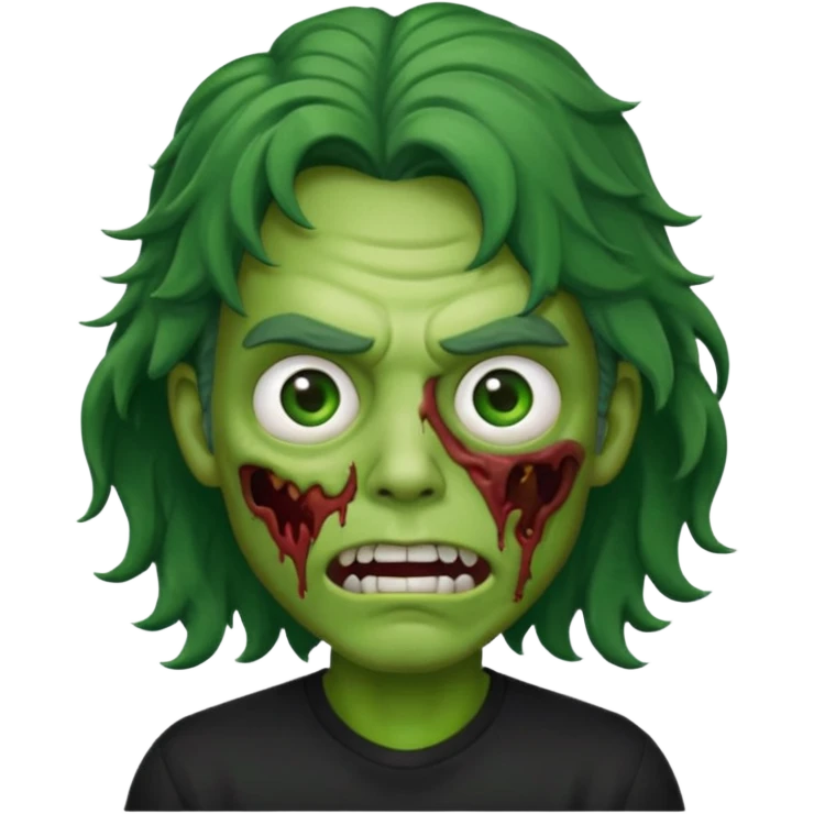 zombi emoji man with a wavy medium hair, mouth, nose, green skin, black shirt emoji