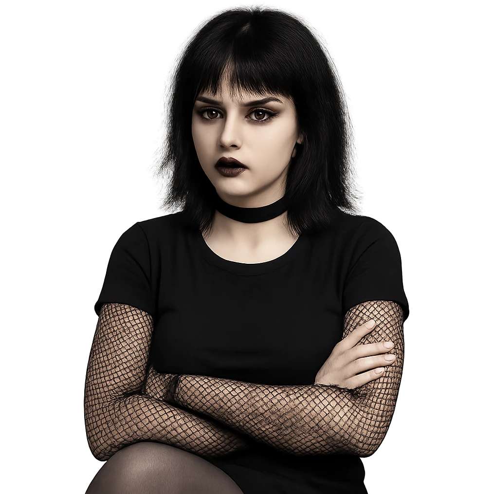 goth girl sitting with arms crossed, uninterested face, dark makeup, fishnet sleeves emoji