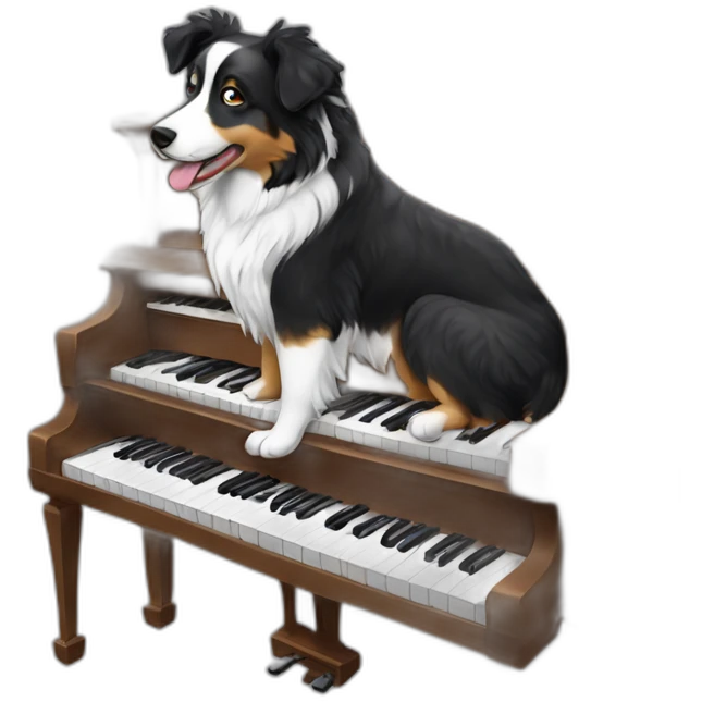 Black and white Australian shepherd playing a child’s piano emoji