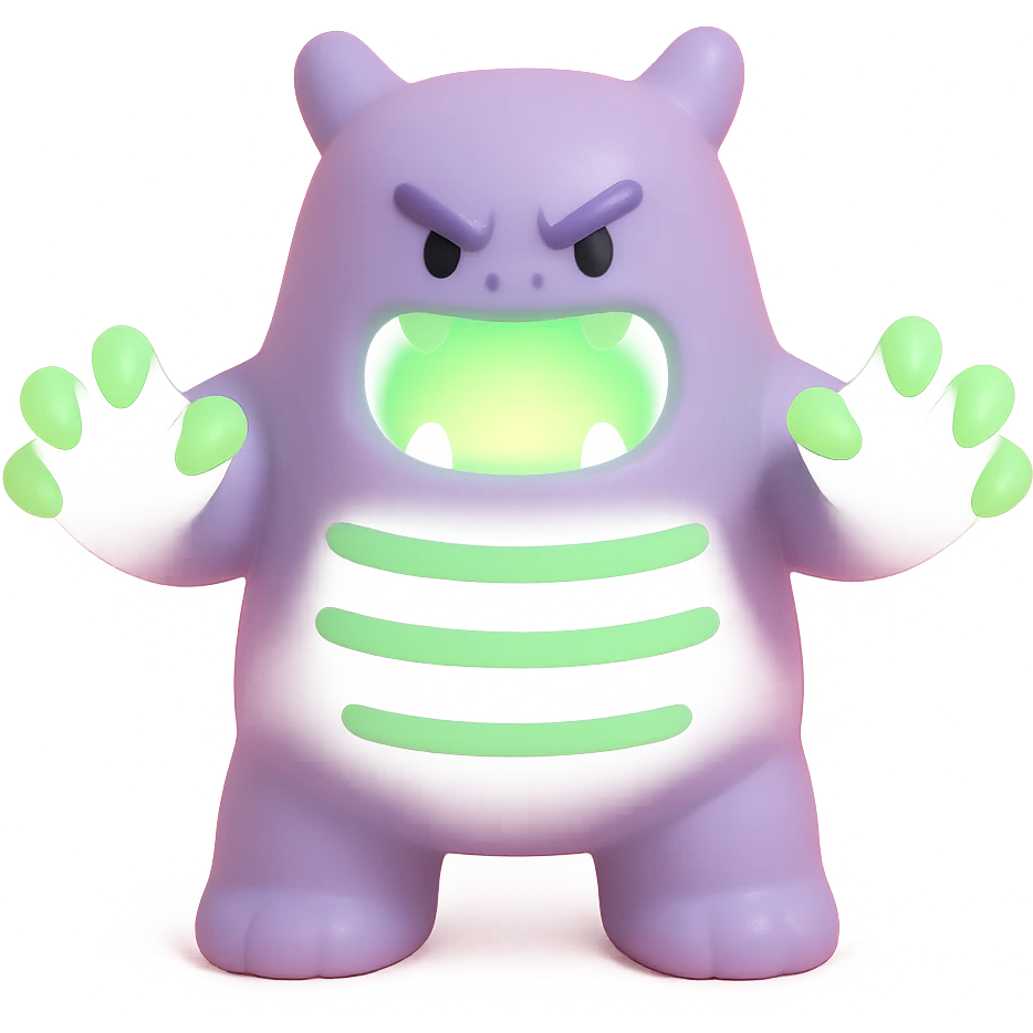 monster with glowing green claws, illuminated mouth, and neon stripes, menacing pose emoji