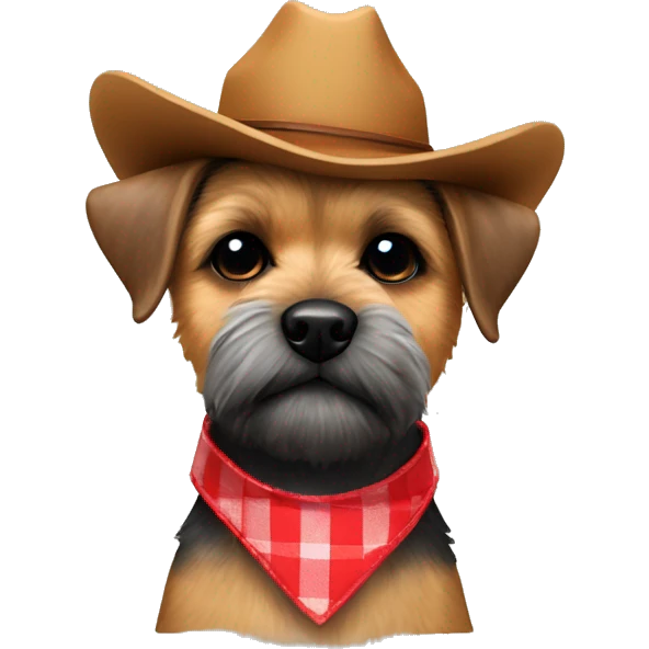 Border terrier with red checked collar and cowboy hat emoji