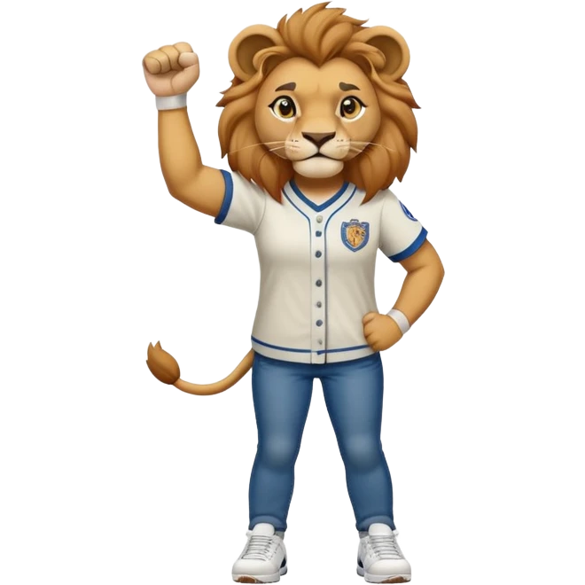 confident anthropomorphised female lion wearing a baseball shirt, jeans, trainers, raising a fist in the air, strong and determined expression emoji