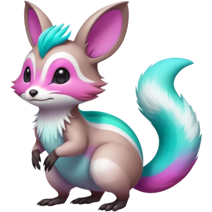 Iridescent Neon Green-Cyan-Magenta-gradients Minccino-Emolga-Numbat-Sergal-fusion-hybrid-animal-creature, full body emoji