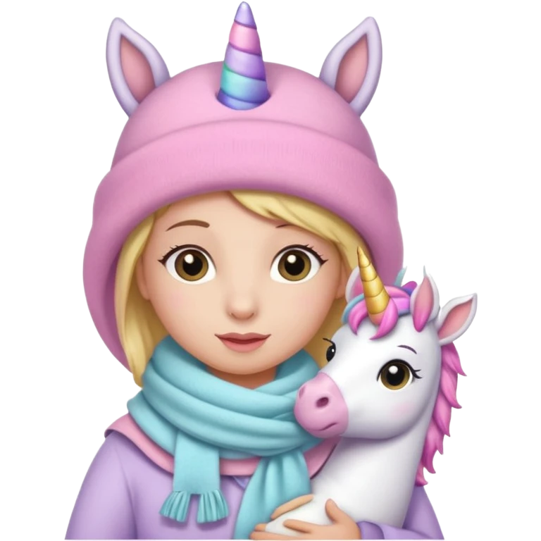 Una cebra bebé con una mamá unicornio abrigados, bufanda y gorro, estilo infantil muchos colores tonos pastel emoji