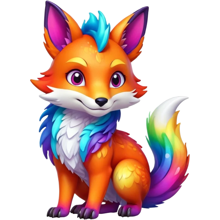 Animated Fox dragon hybrid face front full body rainbow colored emoji
