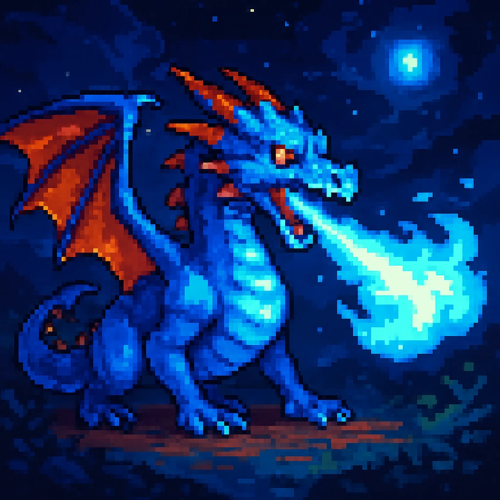 pixel art style dragon breathing blue fire from its mouth, animated, with a different background emoji