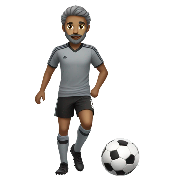 boy in gray soccer uniform and black shorts with gray beard  and hair kicking a soccer ball emoji