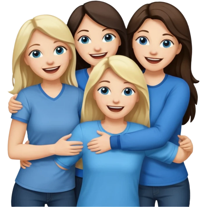 four adult white women laughing and hugging.  Two have long dark brown hair.  Two have blonde hair and blue eyes. emoji
