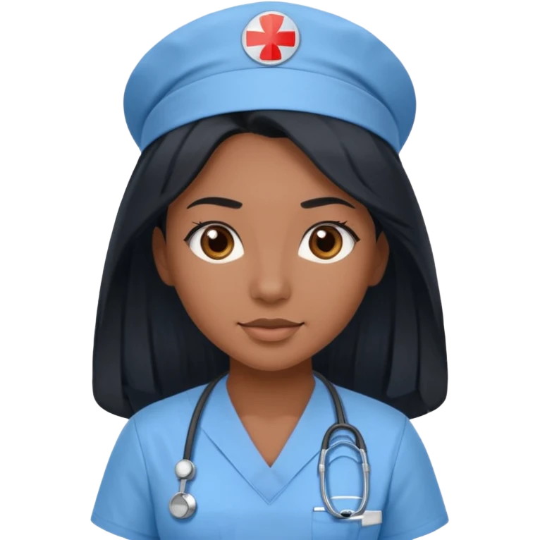 pretty brown skin nurse with long black hair and brown eyes in light blue scrubs emoji